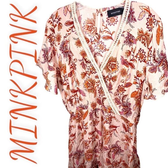 NWT MINKPINK Lola Floral Multi V-Neck Boho Mini Dress, Size Large - Picture 6 of 14